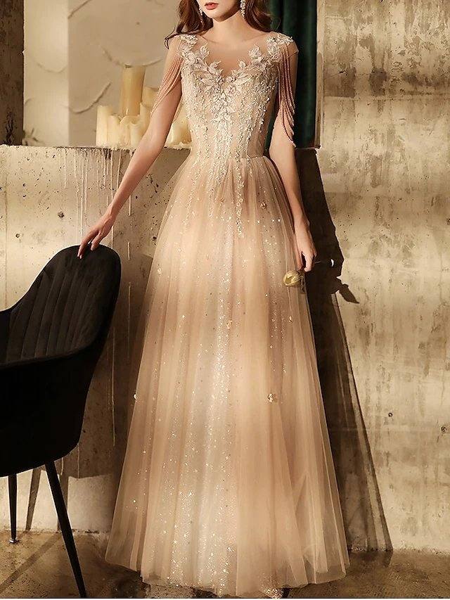 A-Line Sparkle Elegant Wedding Guest Engagement Dress Illusion Neck Short Sleeve Floor Length Tulle with Sequin Tassel Appliques - RongMoon