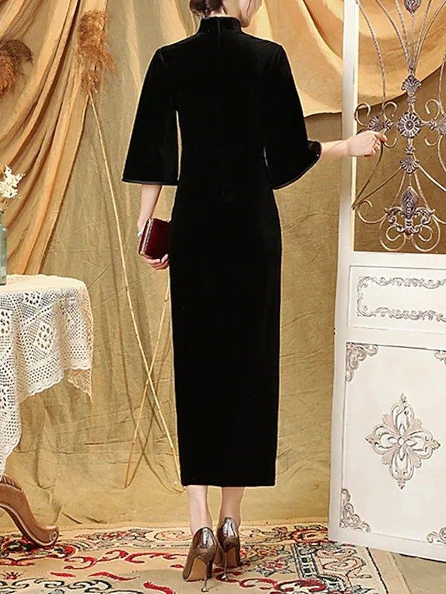 Sheath / Column Mother of the Bride Dress Elegant Vintage High Neck Ankle Length Velvet Half Sleeve with Split Front - RongMoon