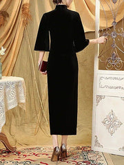 Sheath / Column Mother of the Bride Dress Elegant Vintage High Neck Ankle Length Velvet Half Sleeve with Split Front - RongMoon