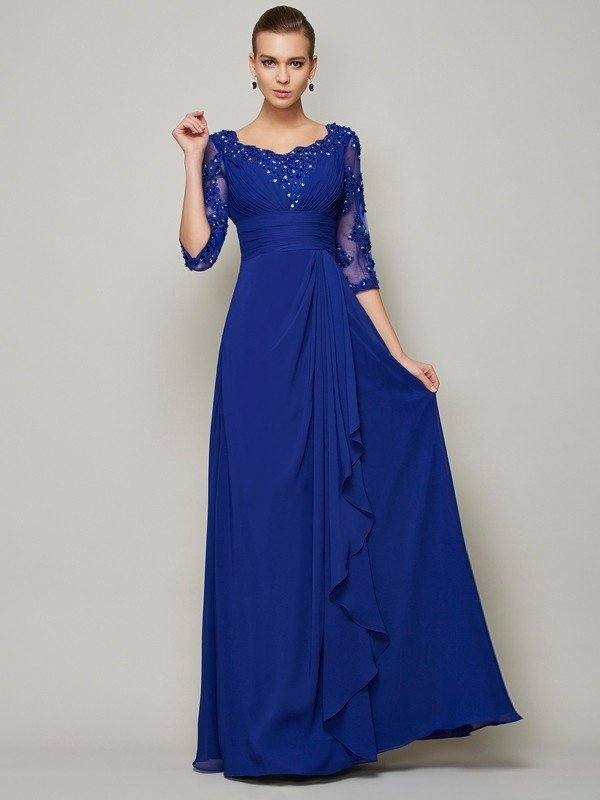 A-Line/Princess Scoop 3/4 Sleeves Lace Long Chiffon Mother of the Bride Dresses - RongMoon