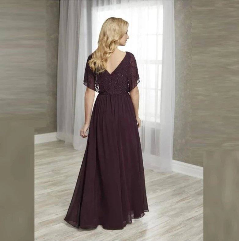 Brown Mother Of The Bride Dresses A-line V-neck Floor Length Chiffon Beaded Plus Size Long Groom Mother Dresses Wedding - RongMoon