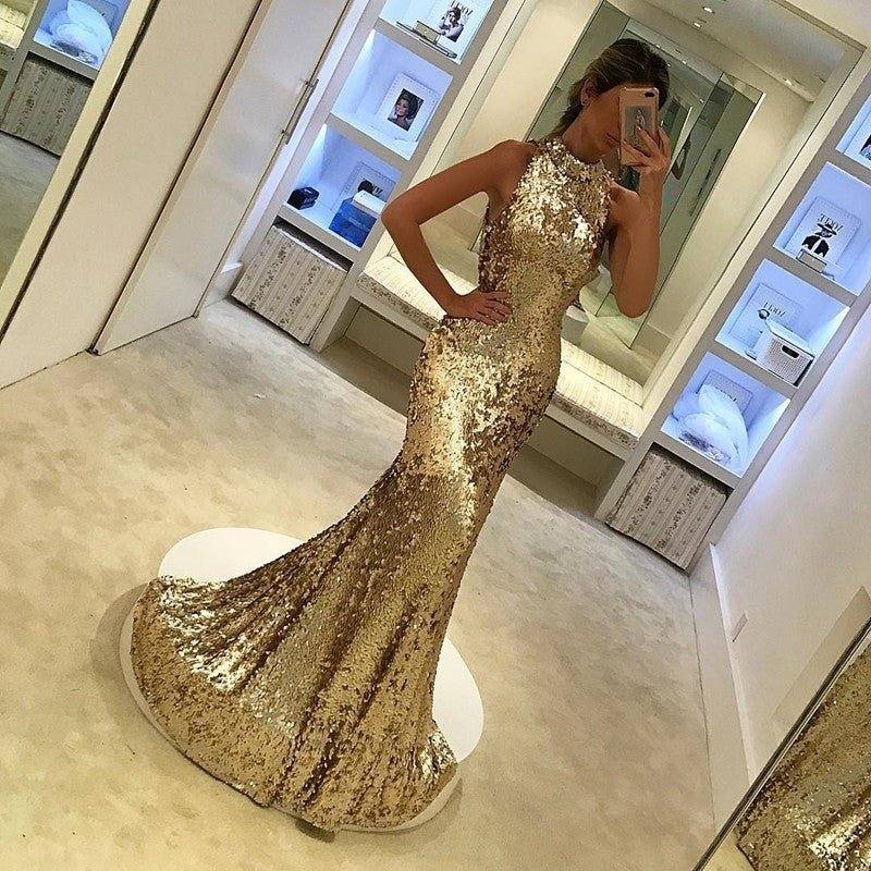 Silver Sequins Halter Long Mermaid Evening Gowns - RongMoon