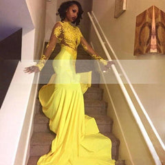 Yellow Robe De Soiree Mermaid Long Sleeves Appliques Sexy Long Women Party Prom Dresses Prom Gown Evening Dresses - RongMoon