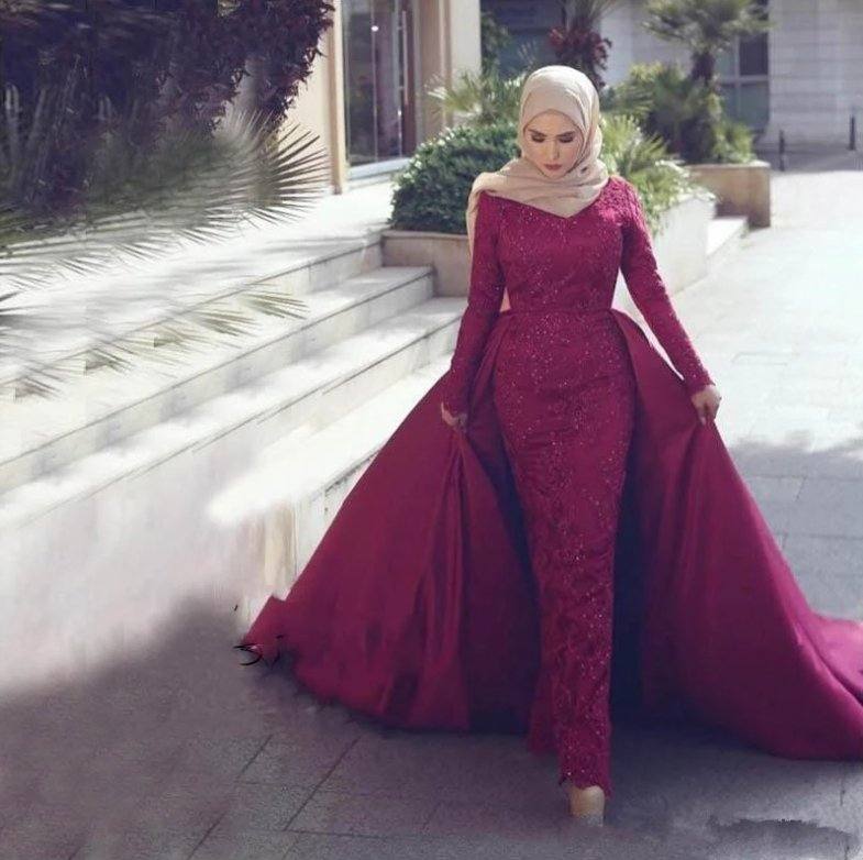 Detachable Muslim Evening Dresses Sheath Long Sleeves Lace Beaded Islamic Dubai Saudi Arabic Long Formal Evening Gown - RongMoon