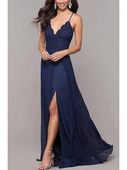 A-Line Elegant Prom Dress Spaghetti Strap Sleeveless Sweep / Brush Train Chiffon with Lace Insert Split Front - RongMoon