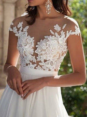 A-Line/Princess Short Sleeves Scoop Sweep/Brush Train Applique Chiffon Dresses - RongMoon