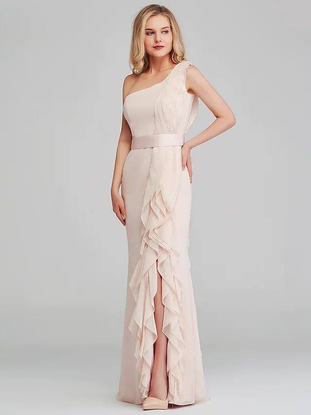 Sheath / Column One Shoulder Long Length Chiffon Bridesmaid Dress with Cascading Ruffles - RongMoon