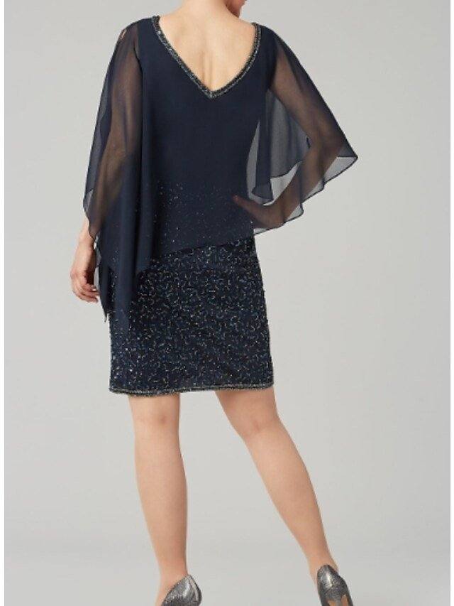 Sheath / Column Mother of the Bride Dress Sexy V Neck Knee Length Chiffon 3/4 Length Sleeve with Sequin - RongMoon