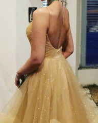 Ball Gown Ruffles Prom Dresses Tulle Sequins V Neck