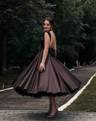 Ball Gown Bow Back Satin Party Dress Tea Length