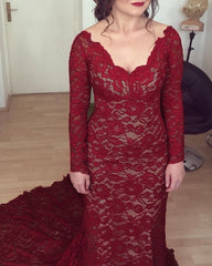 Black Long Sleeve Prom Dress Mermaid Lace V-neck