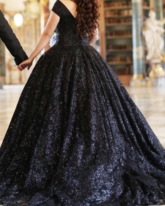 Black Sparkly Wedding Dresses Off Shoulder - RongMoon