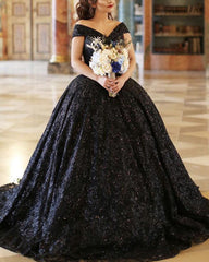 Black Sparkly Wedding Dresses Off Shoulder - RongMoon