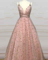 Blush Pink Ball Gown V-Neck Prom Dresses With Gold Stars