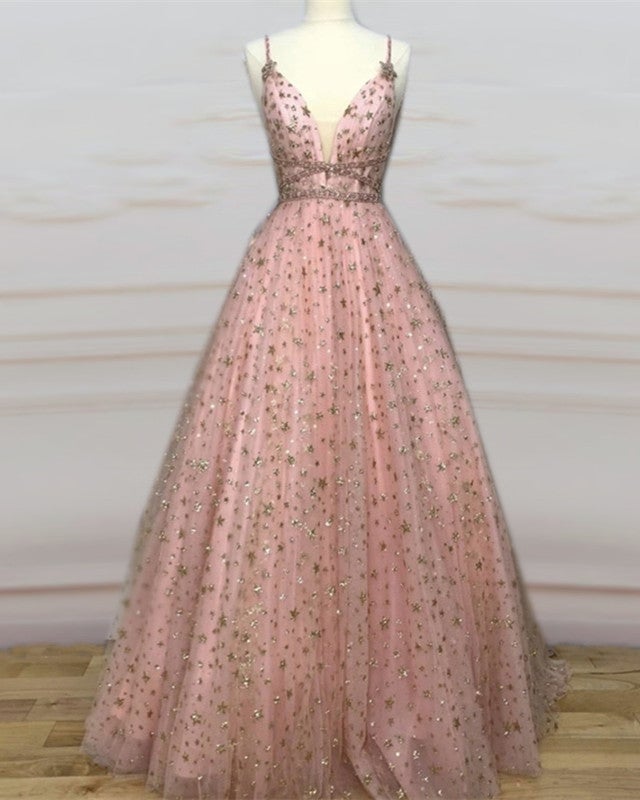 Blush Pink Ball Gown V-Neck Prom Dresses With Gold Stars