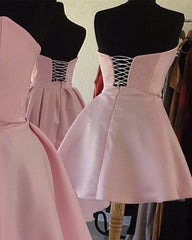 A-line Strapless Lace Up Back Homecoming Dresses Satin