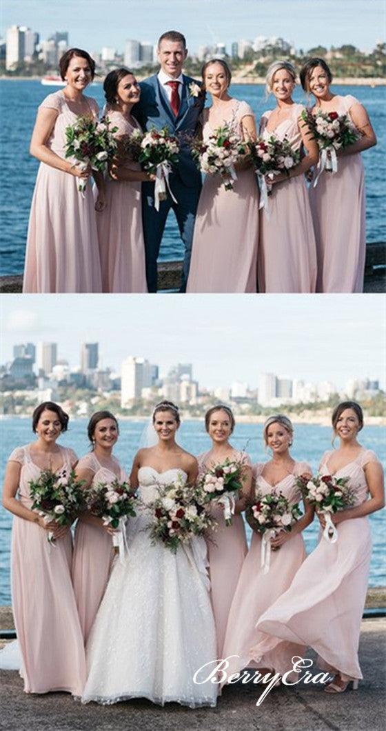 Cap Sleeves A-line Blush Pink Chiffon Lace Long Bridesmaid Dresses - RongMoon