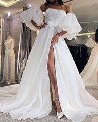 Tulle Boho Wedding Dresses Puffy Sleeves
