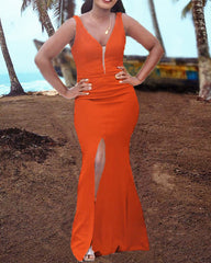 Simple Mermaid Plunge Neck Dresses With Slit
