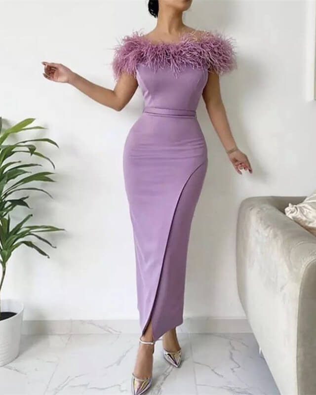 Mauve Satin Sheath Split Dress With Feathers