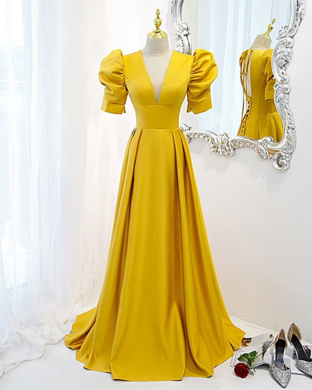 Mustard Yellow Satin Backless Dress With Sleeves