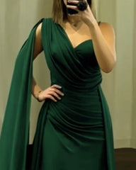 Mermaid Green Jersey Gown With Cape