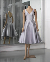 Silver V-neck Satin Midi Dress