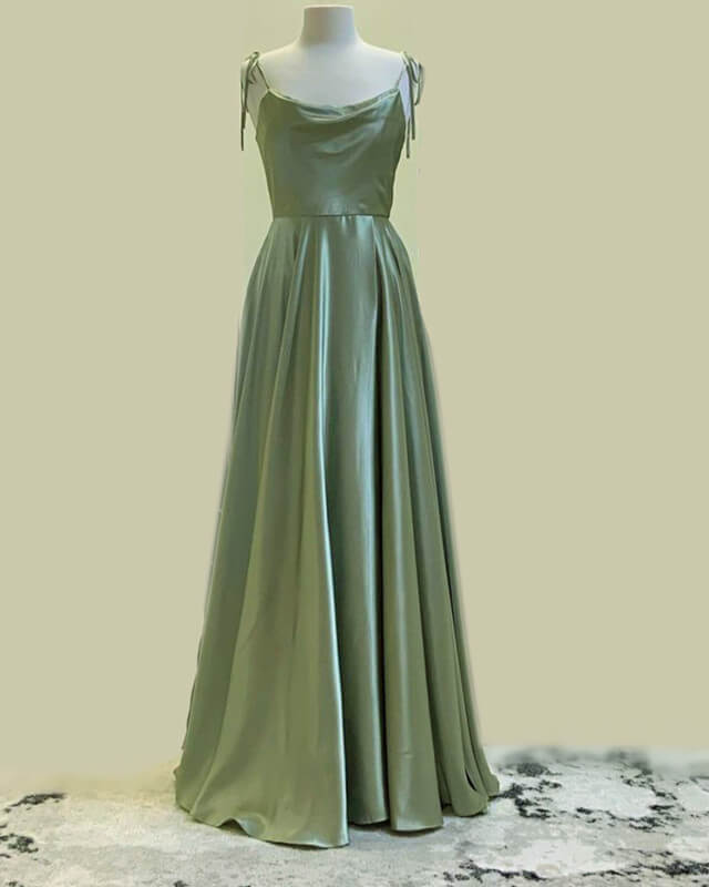Long Sage Green Satin Cowl Neck Dress