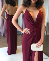 Burgundy Chiffon Sheath Split Dress