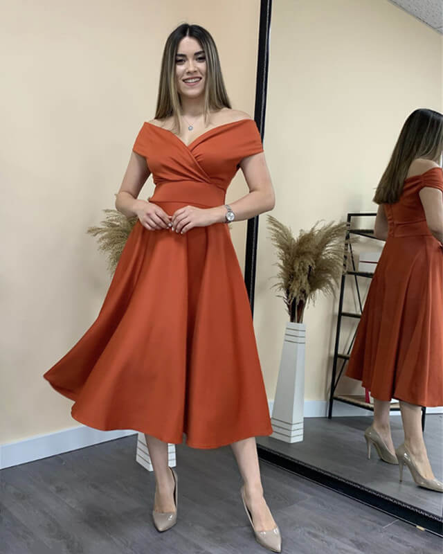 Orange Satin Off The Shoulder Tea Length Dress