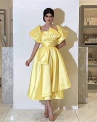 Yellow Puffy Sleeve Midi Satin Dress - RongMoon