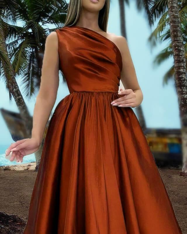 Burnt Orange One Shoulder Tea Length Satin Dress - RongMoon
