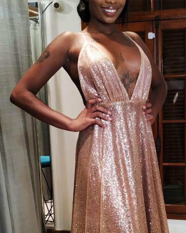 Long Rose Gold Sequin Plunging Dress - RongMoon