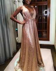 Long Rose Gold Sequin Plunging Dress - RongMoon