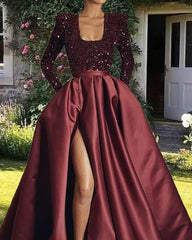 Burgundy Sequin Long Sleeve Satin Bridesmaid Dresses With Slit - RongMoon