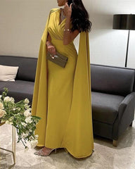 Pale Yellow Satin Dress With Cape Sleeve - RongMoon