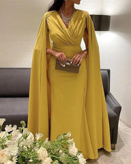 Pale Yellow Satin Dress With Cape Sleeve - RongMoon