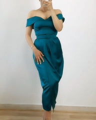 Sheath Off Shoulder Midi Satin Dress