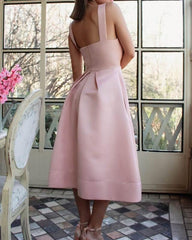 A-line Soft Pink Satin Midi Dress With Pockets - RongMoon