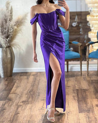 Off Shoulder Floor Length Split Satin Dress