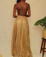 Sparkly Gold A-line Backless Dress - RongMoon