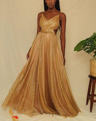 Sparkly Gold A-line Backless Dress - RongMoon