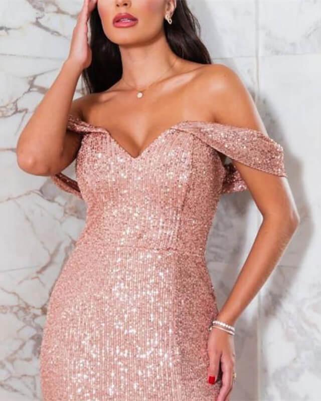 Mermaid Rose Gold Sequin Split Dress - RongMoon