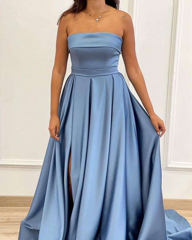 Long Dusty Blue Satin Strapless Split Dress