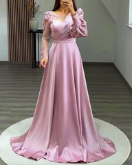 A-line Lace Appliques Long Sleeve Satin Dress - RongMoon