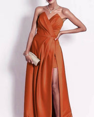 Rust Orange Satin Strapless Formal Dress