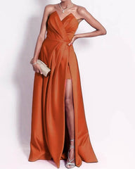 Rust Orange Satin Strapless Formal Dress