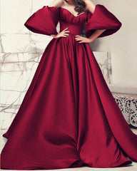 Burgundy Puffy Sleeves Prom Dresses Satin