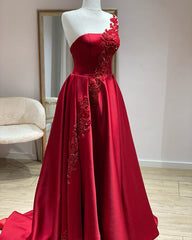 One Shoulder Satin Floor Length Prom Dresses Appliques