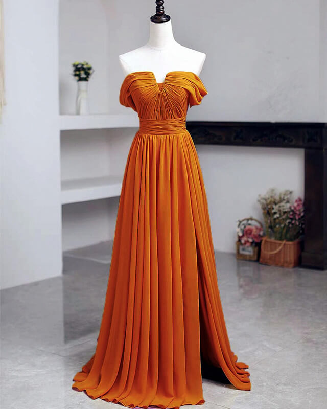 Off The Shoulder Split Chiffon Long Dresses